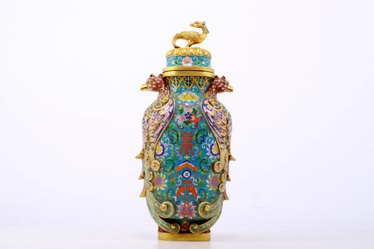 A perfect cloisonne lotus pattern phoenix ear vase with lid