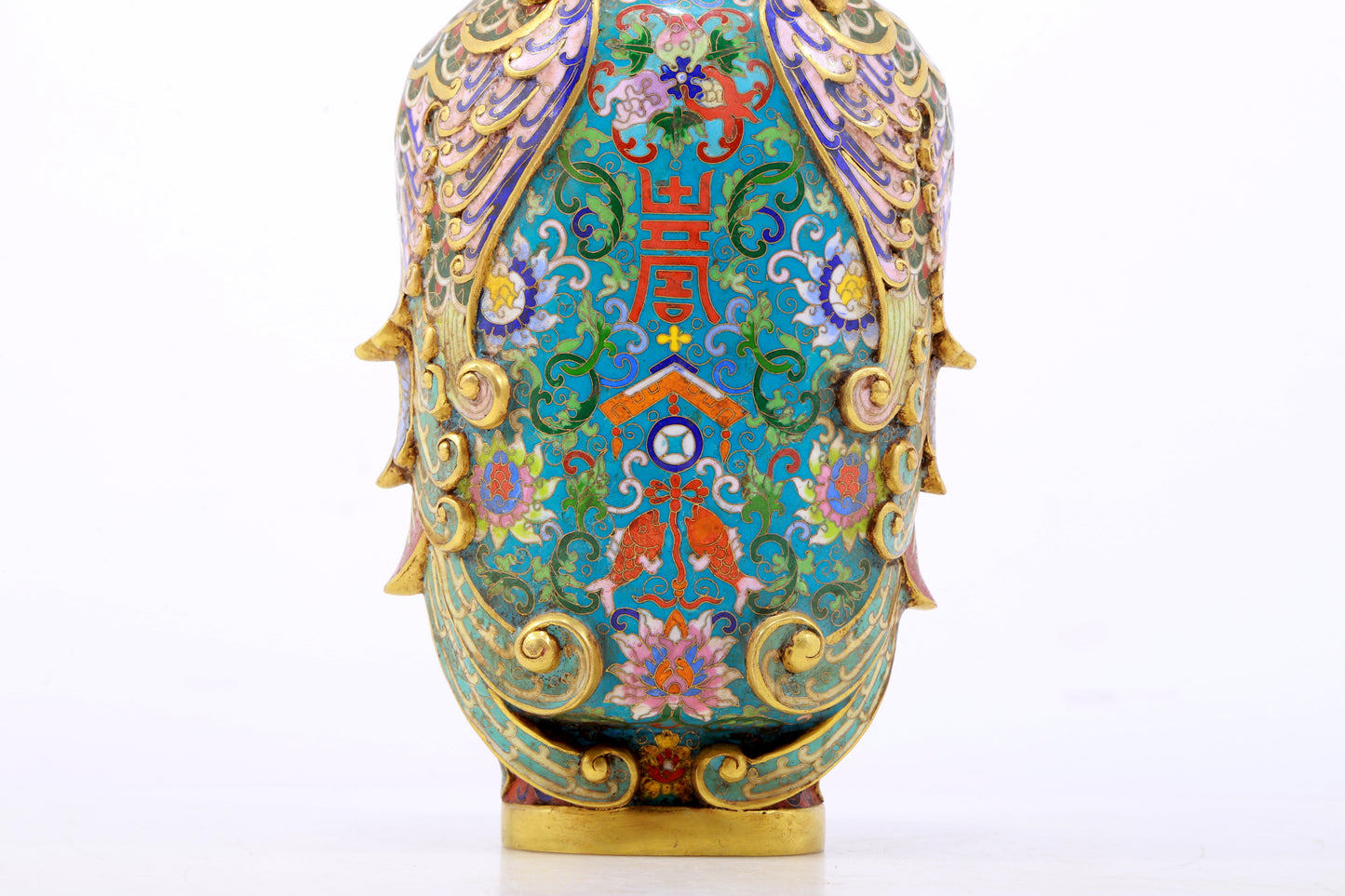 A perfect cloisonne lotus pattern phoenix ear vase with lid