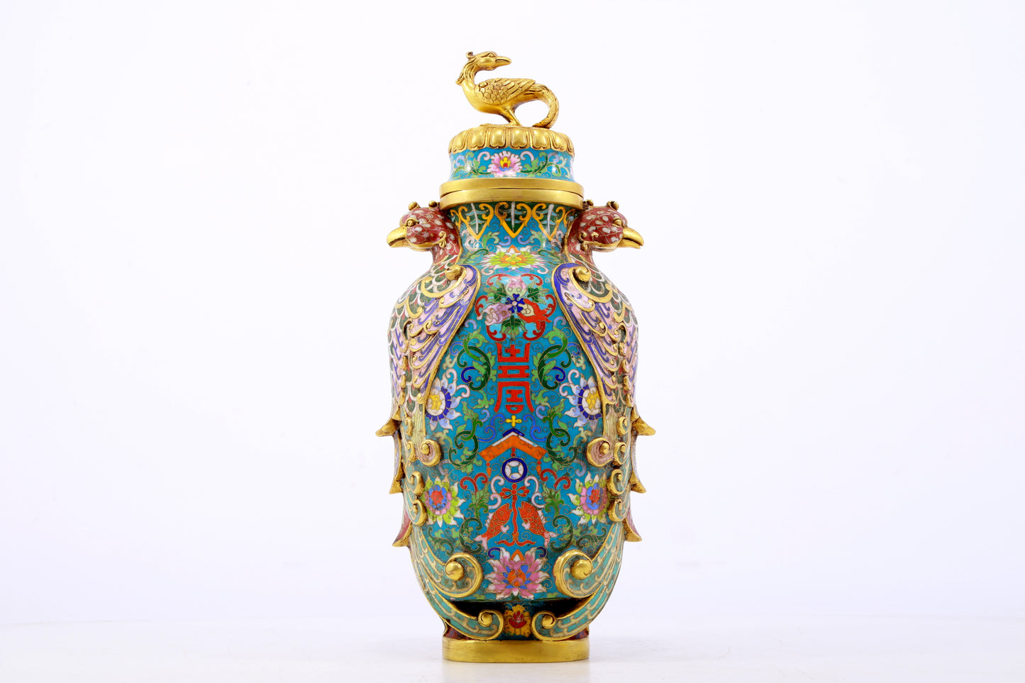 A perfect cloisonne lotus pattern phoenix ear vase with lid