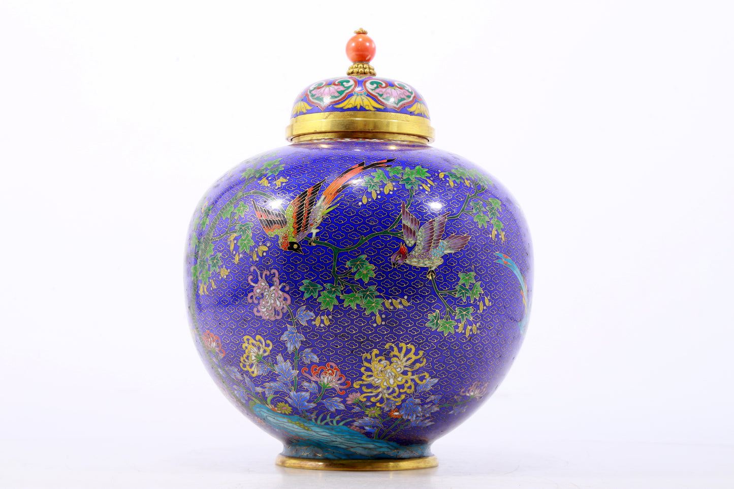 A perfect cloisonné 'flower and bird' pattern jar with lid