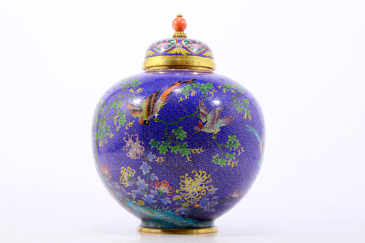 A perfect cloisonné 'flower and bird' pattern jar with lid