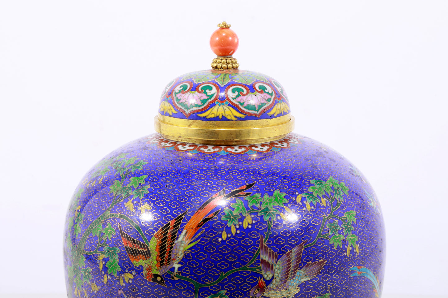 A perfect cloisonné 'flower and bird' pattern jar with lid