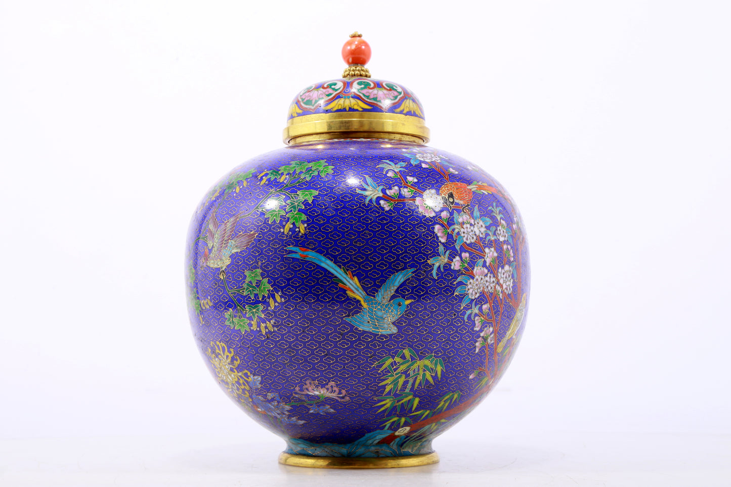 A perfect cloisonné 'flower and bird' pattern jar with lid