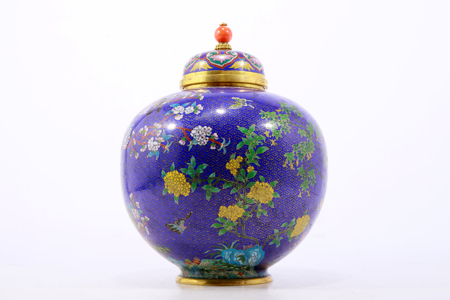 A perfect cloisonné 'flower and bird' pattern jar with lid