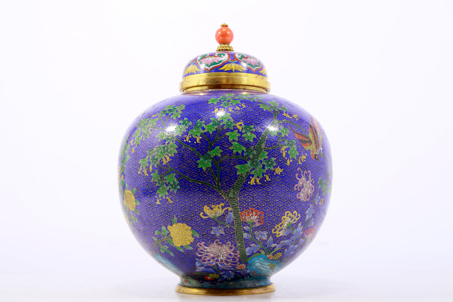 A perfect cloisonné 'flower and bird' pattern jar with lid