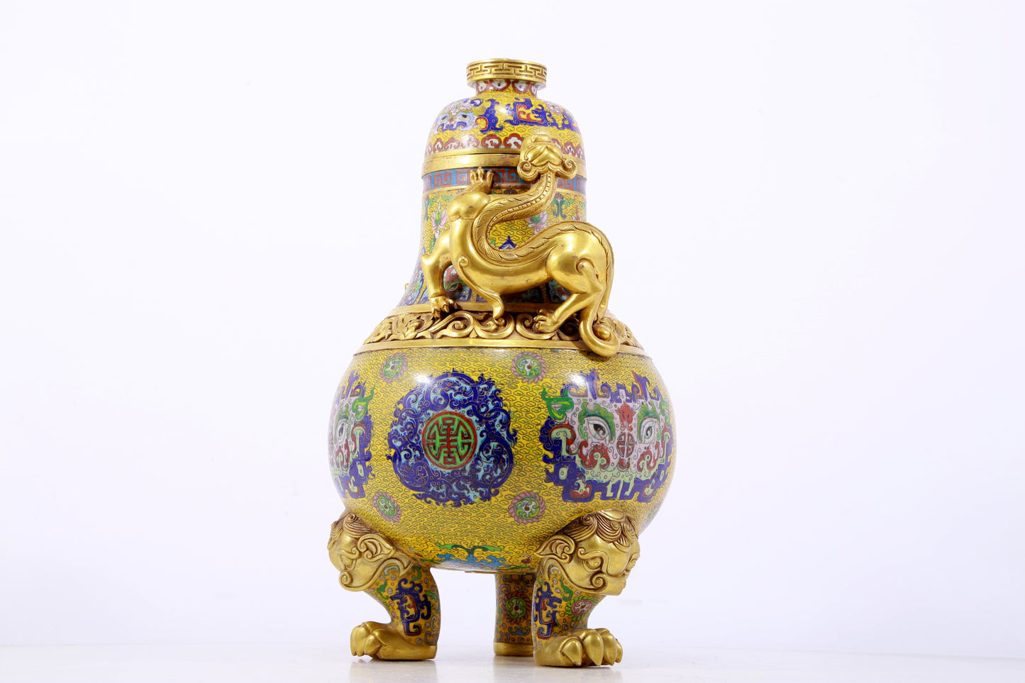 A perfect cloisonné animal face pattern tripod bottle with lid