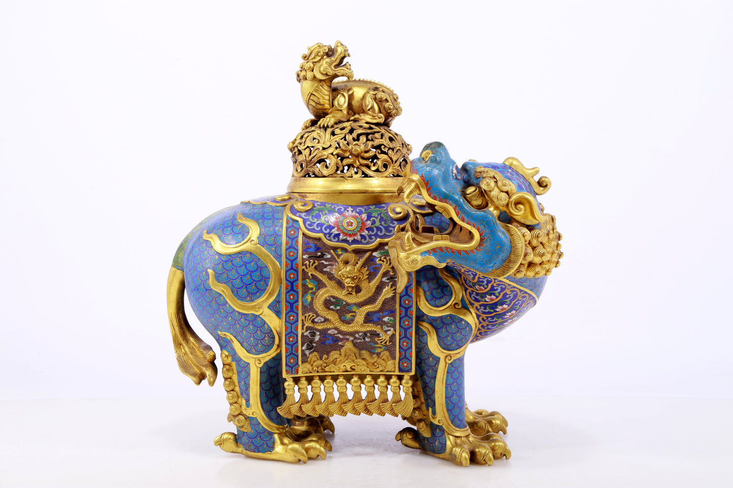 An exquisite cloisonné auspicious animal censer