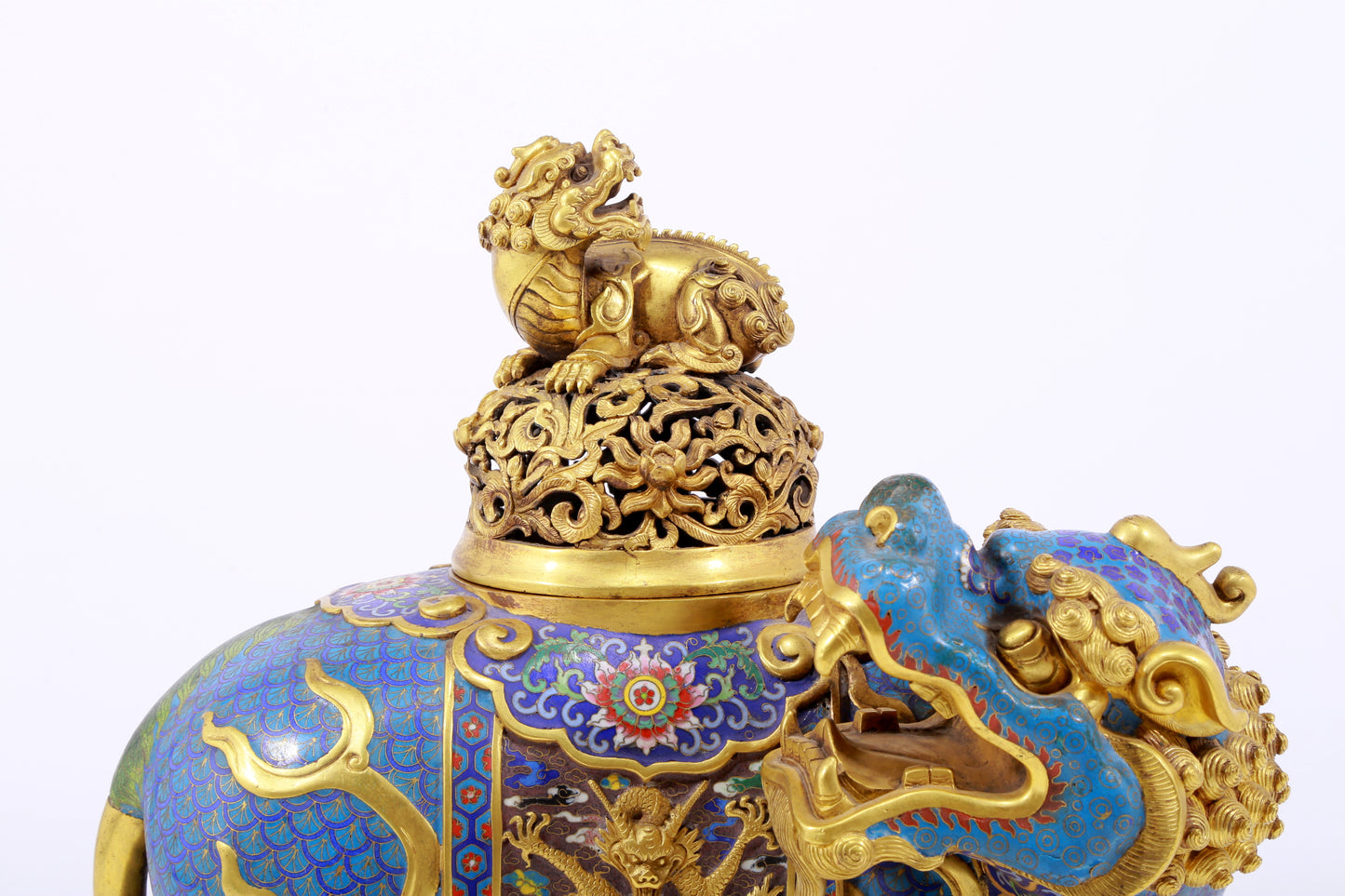 An exquisite cloisonné auspicious animal censer