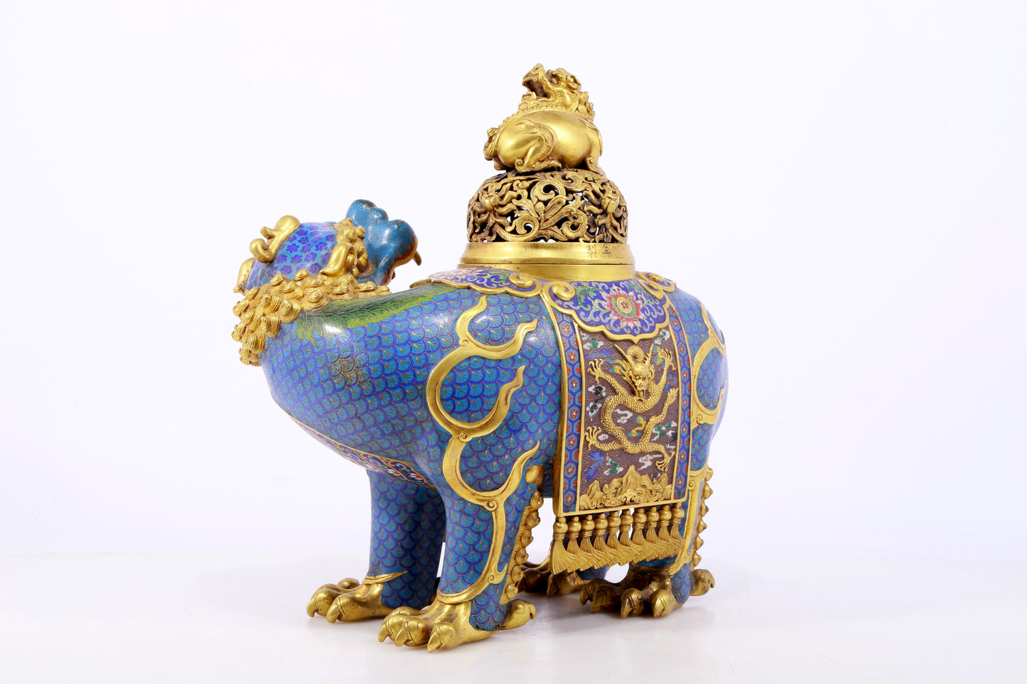 An exquisite cloisonné auspicious animal censer