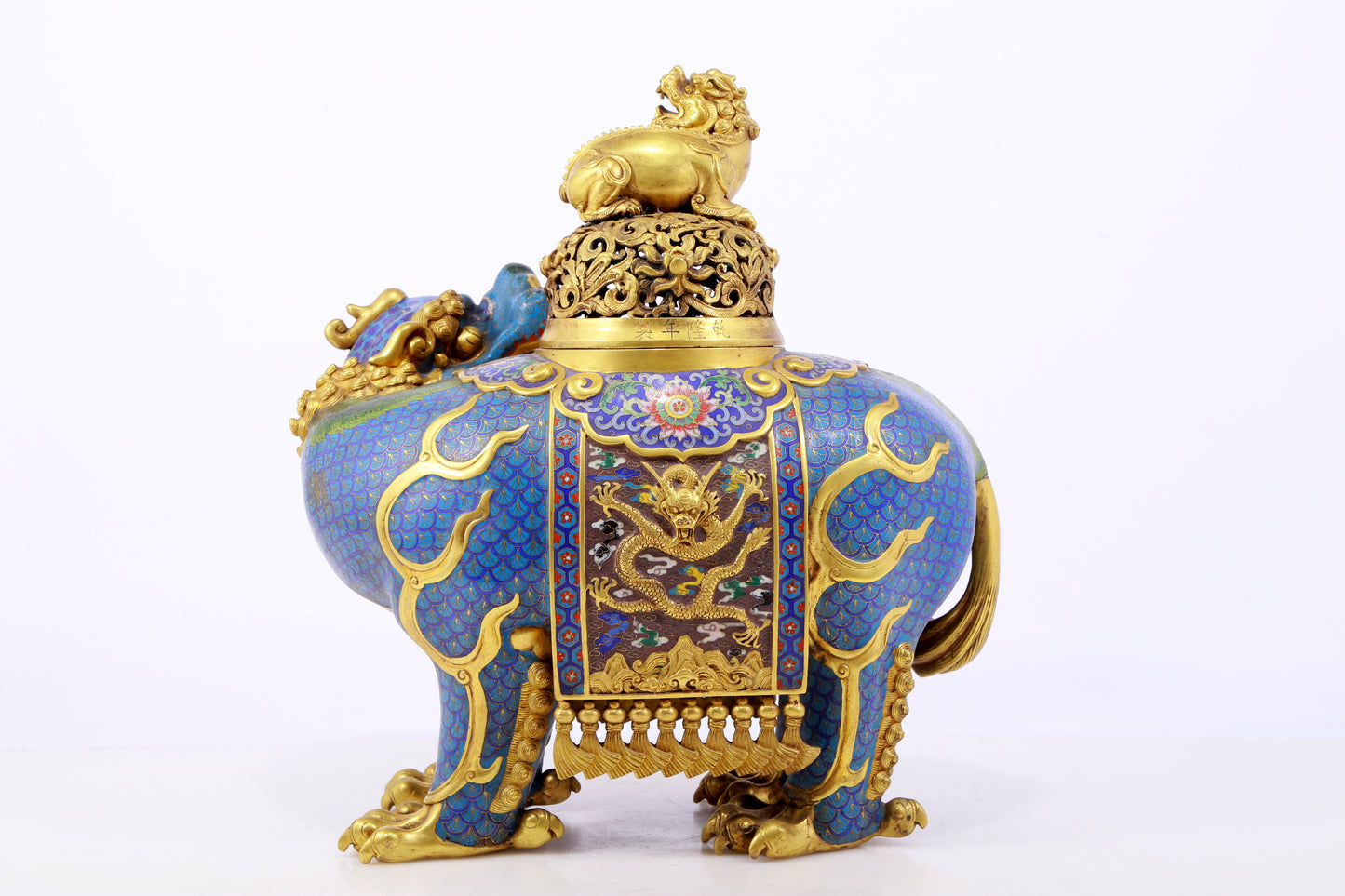 An exquisite cloisonné auspicious animal censer