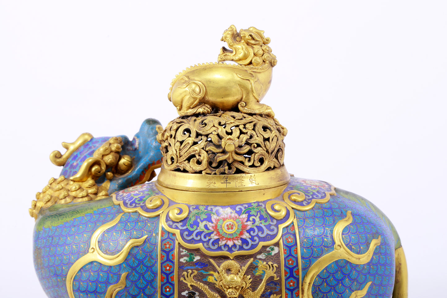 An exquisite cloisonné auspicious animal censer