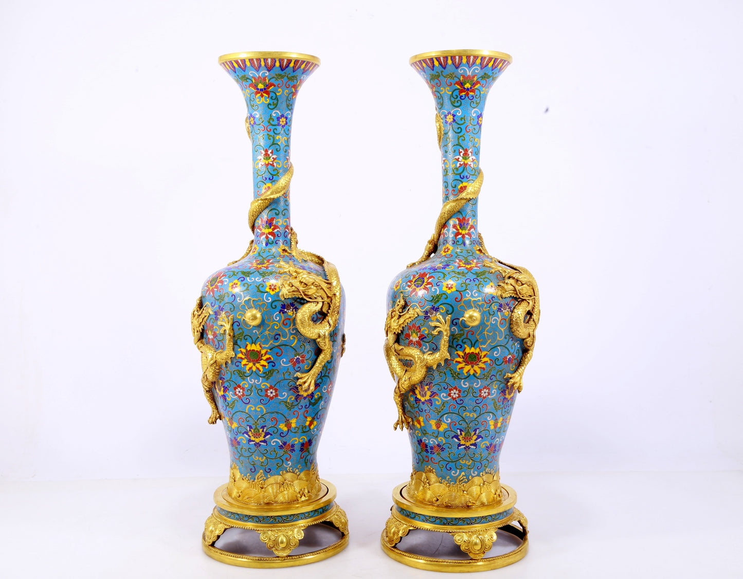 pair of stunning cloisonné vases with 'tangled lotus and dragon' patterns