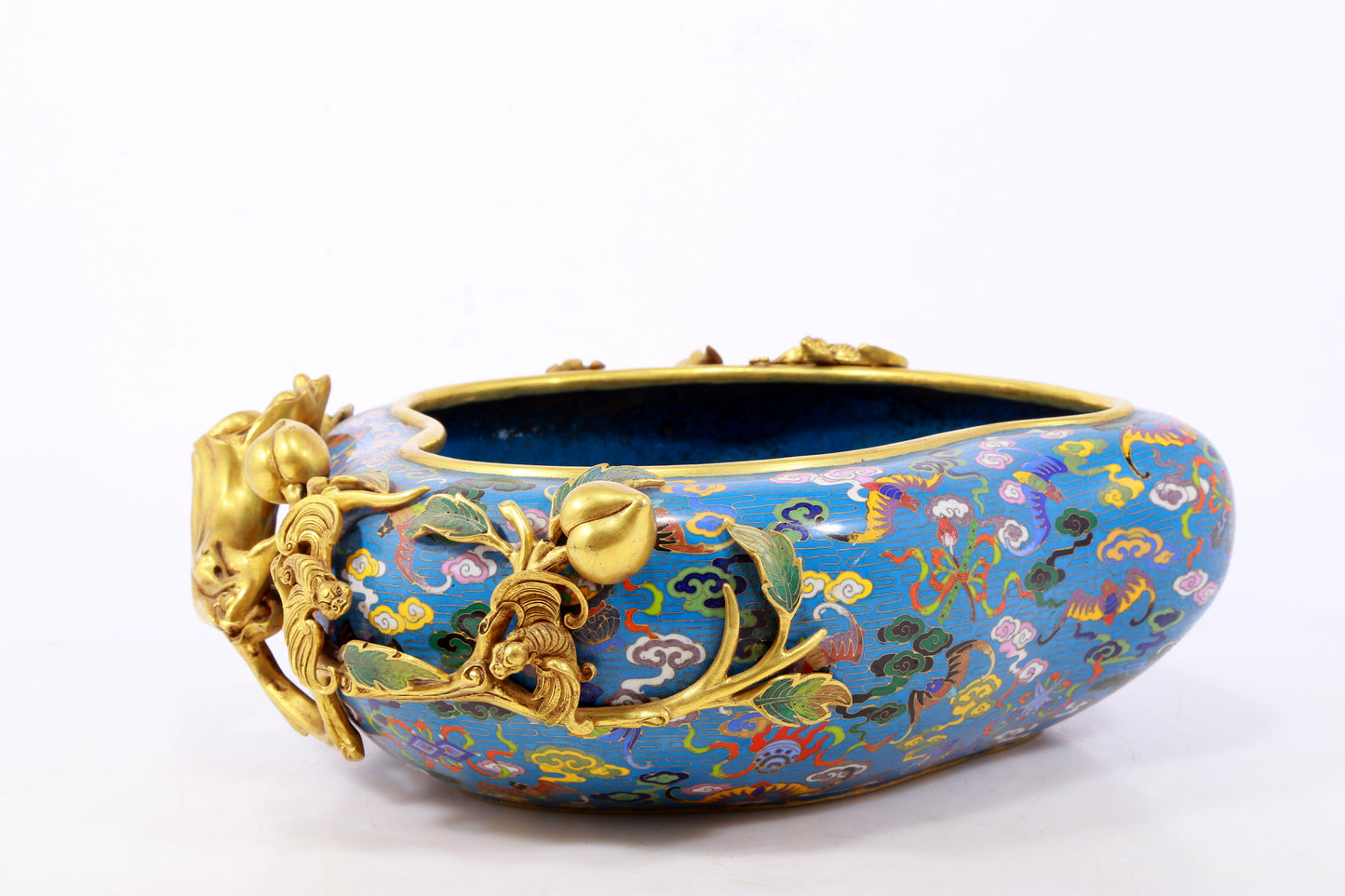 A delicate cloisonné 'Clouds and Bats' peach shaped brush washer