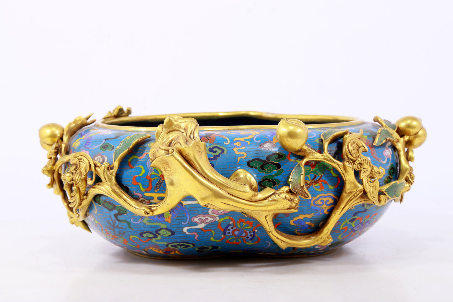 A delicate cloisonné 'Clouds and Bats' peach shaped brush washer