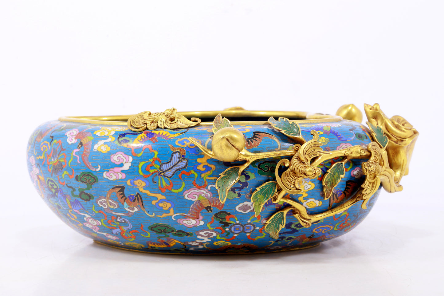 A delicate cloisonné 'Clouds and Bats' peach shaped brush washer