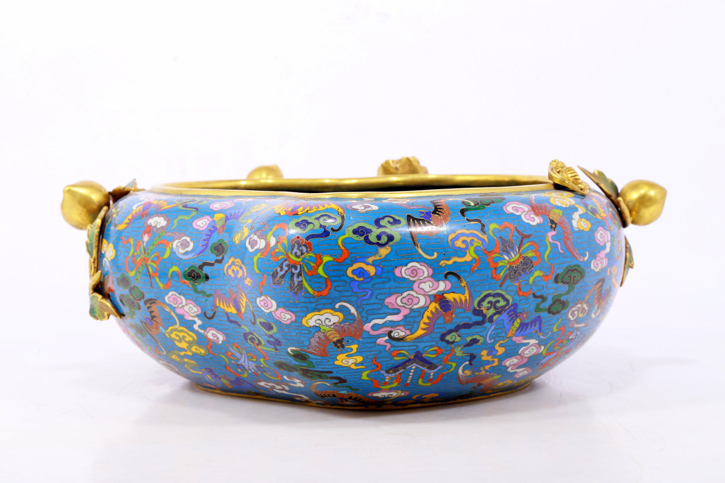 A delicate cloisonné 'Clouds and Bats' peach shaped brush washer