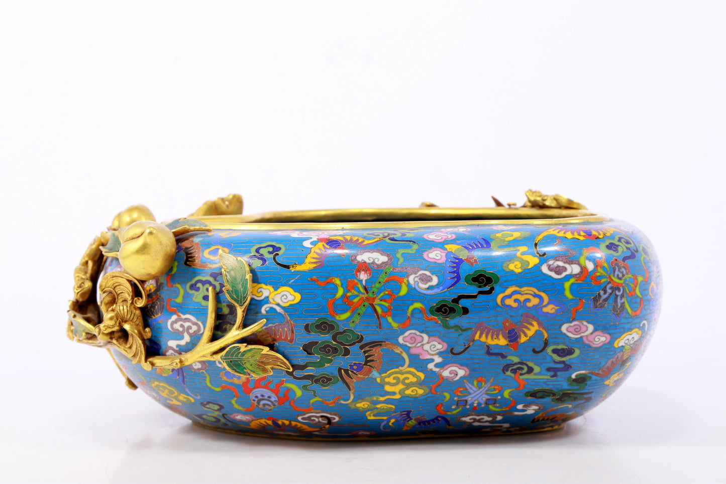 A delicate cloisonné 'Clouds and Bats' peach shaped brush washer