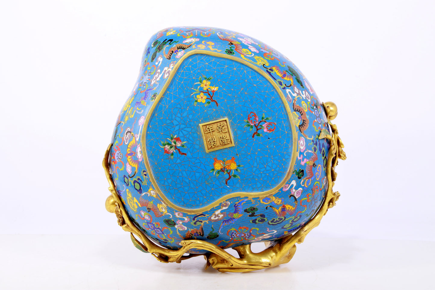 A delicate cloisonné 'Clouds and Bats' peach shaped brush washer