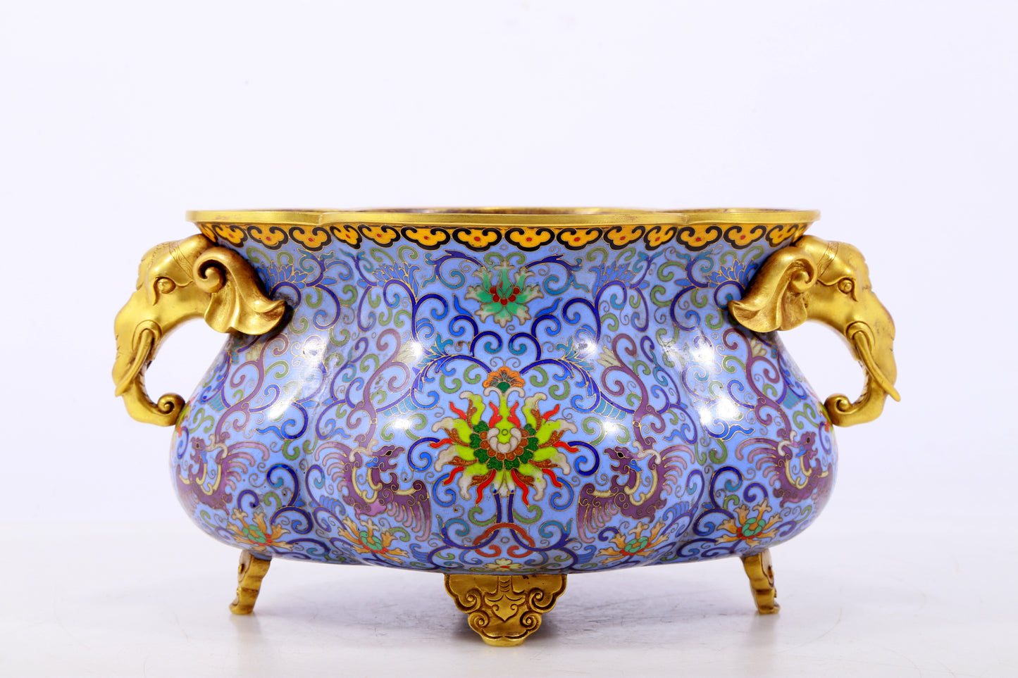 An exquisite cloisonne tangled lotus pattern elephant ear censer