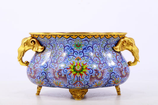 An exquisite cloisonne tangled lotus pattern elephant ear censer