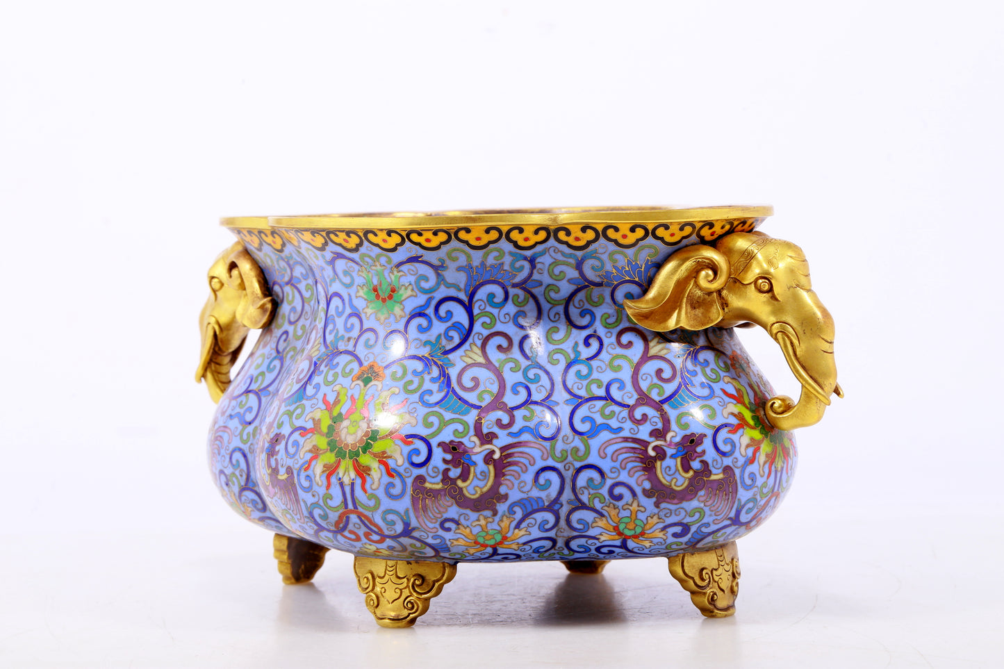 An exquisite cloisonne tangled lotus pattern elephant ear censer