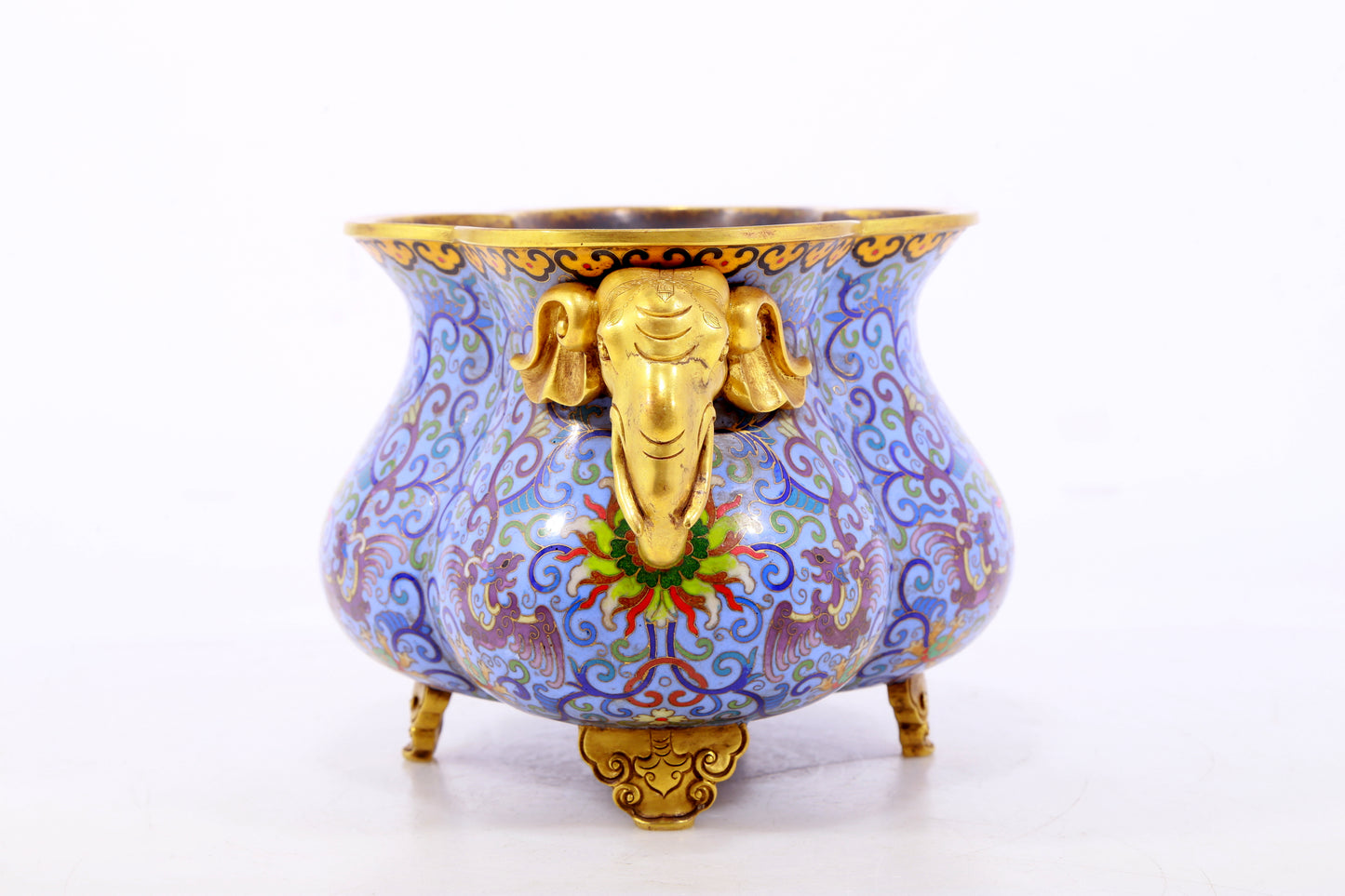 An exquisite cloisonne tangled lotus pattern elephant ear censer