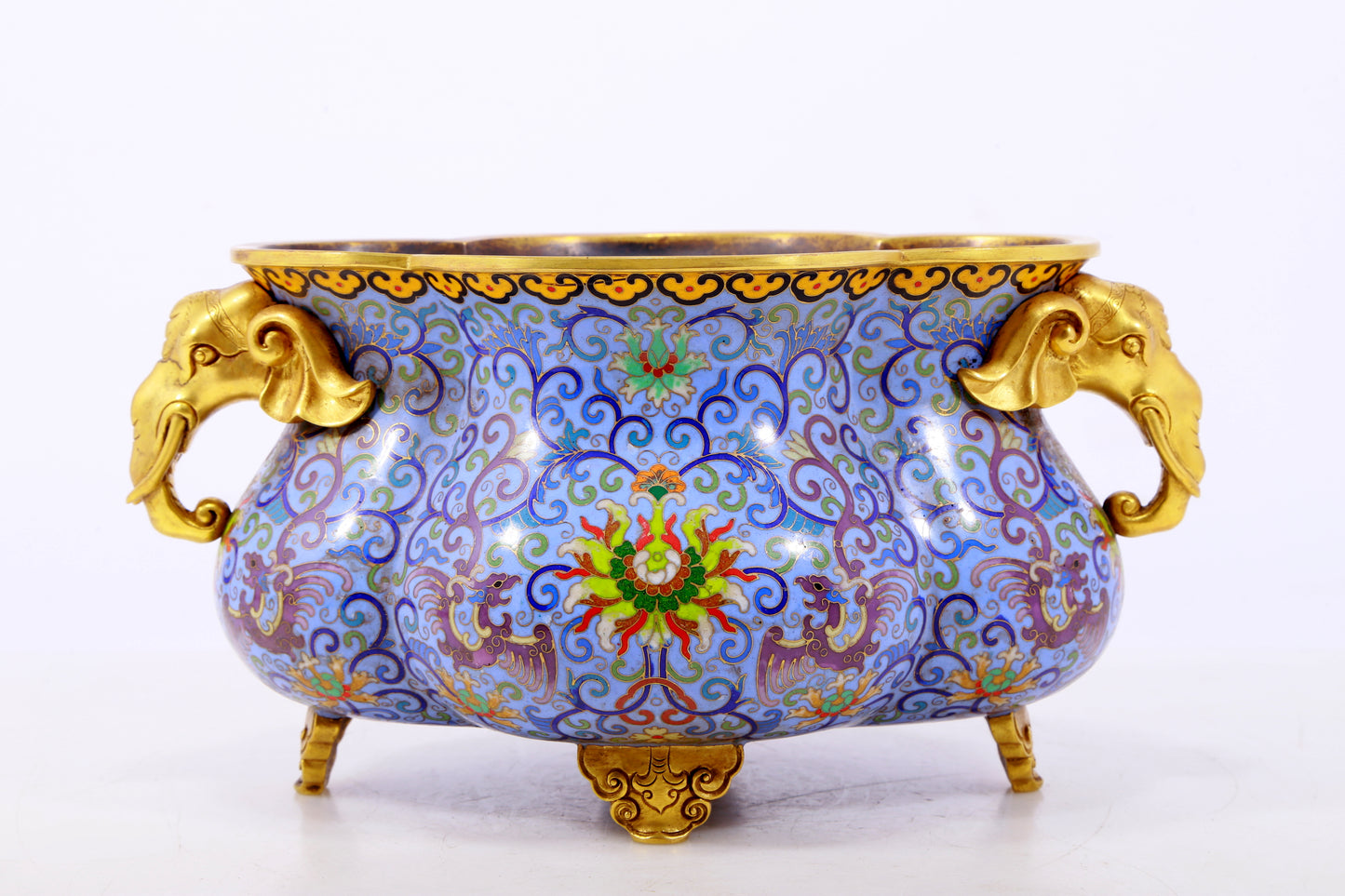 An exquisite cloisonne tangled lotus pattern elephant ear censer