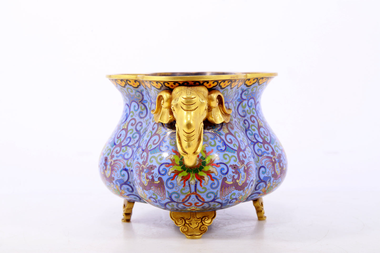 An exquisite cloisonne tangled lotus pattern elephant ear censer