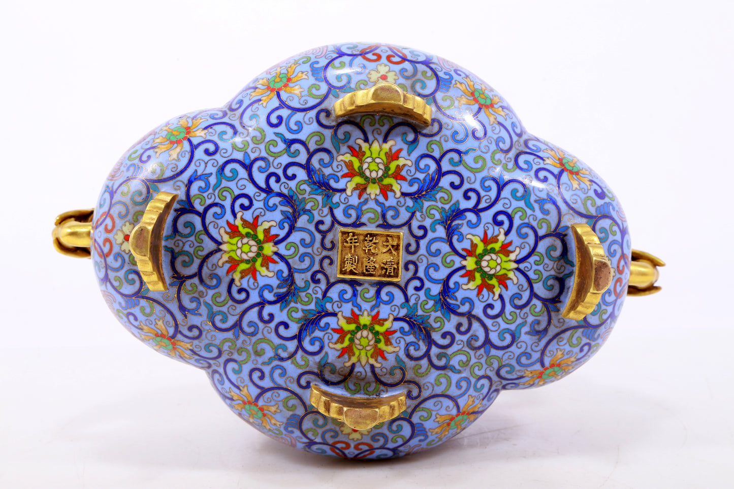 An exquisite cloisonne tangled lotus pattern elephant ear censer