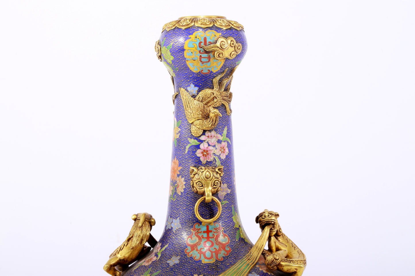 An exquisite cloisonné vase with 'flowers and auspicious animals' patterns