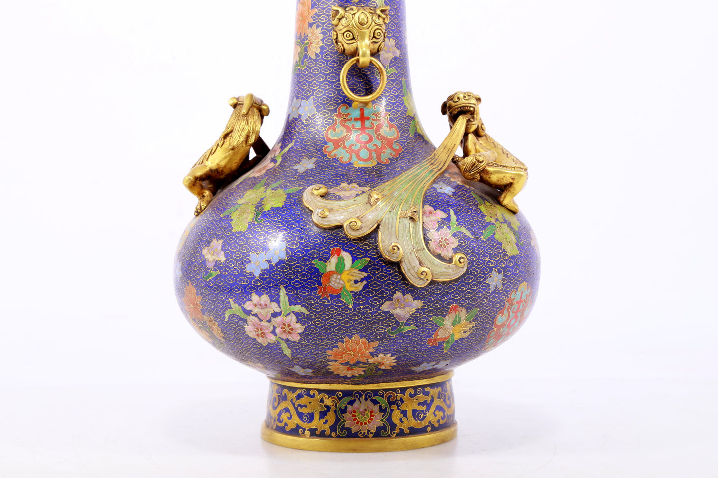 An exquisite cloisonné vase with 'flowers and auspicious animals' patterns