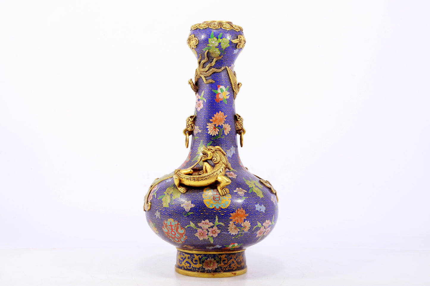 An exquisite cloisonné vase with 'flowers and auspicious animals' patterns