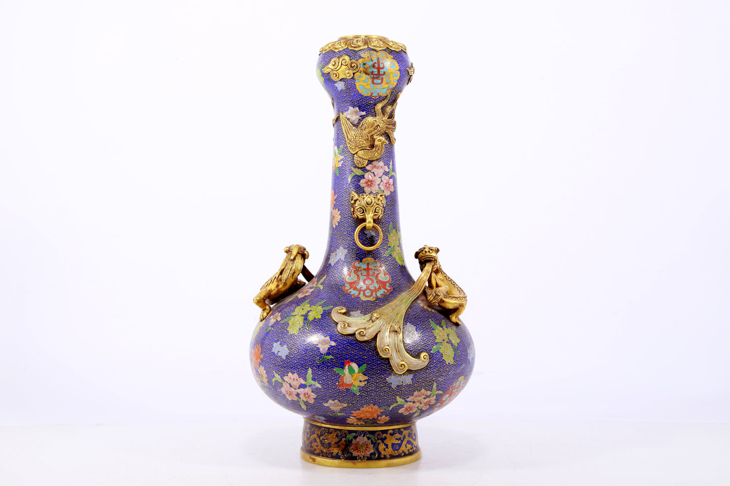 An exquisite cloisonné vase with 'flowers and auspicious animals' patterns