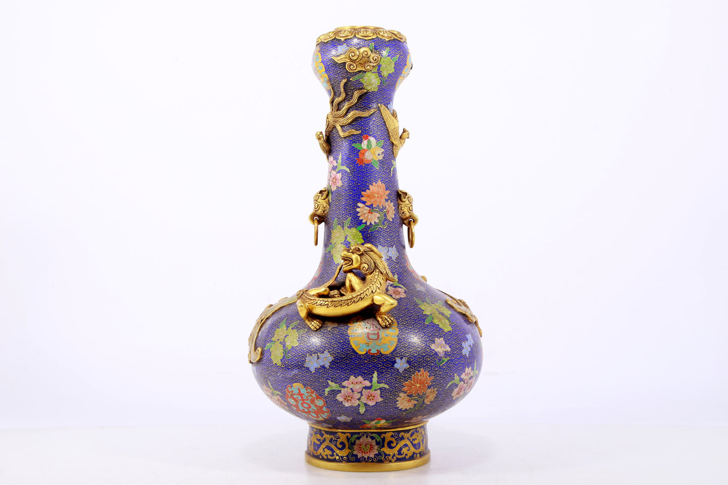 An exquisite cloisonné vase with 'flowers and auspicious animals' patterns