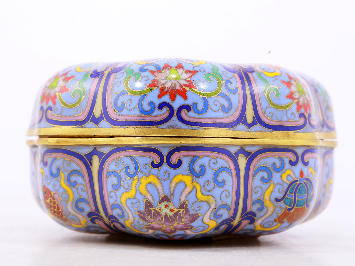 A perfect cloisonné 'Lotus and Eight dharma-vessel' pattern box