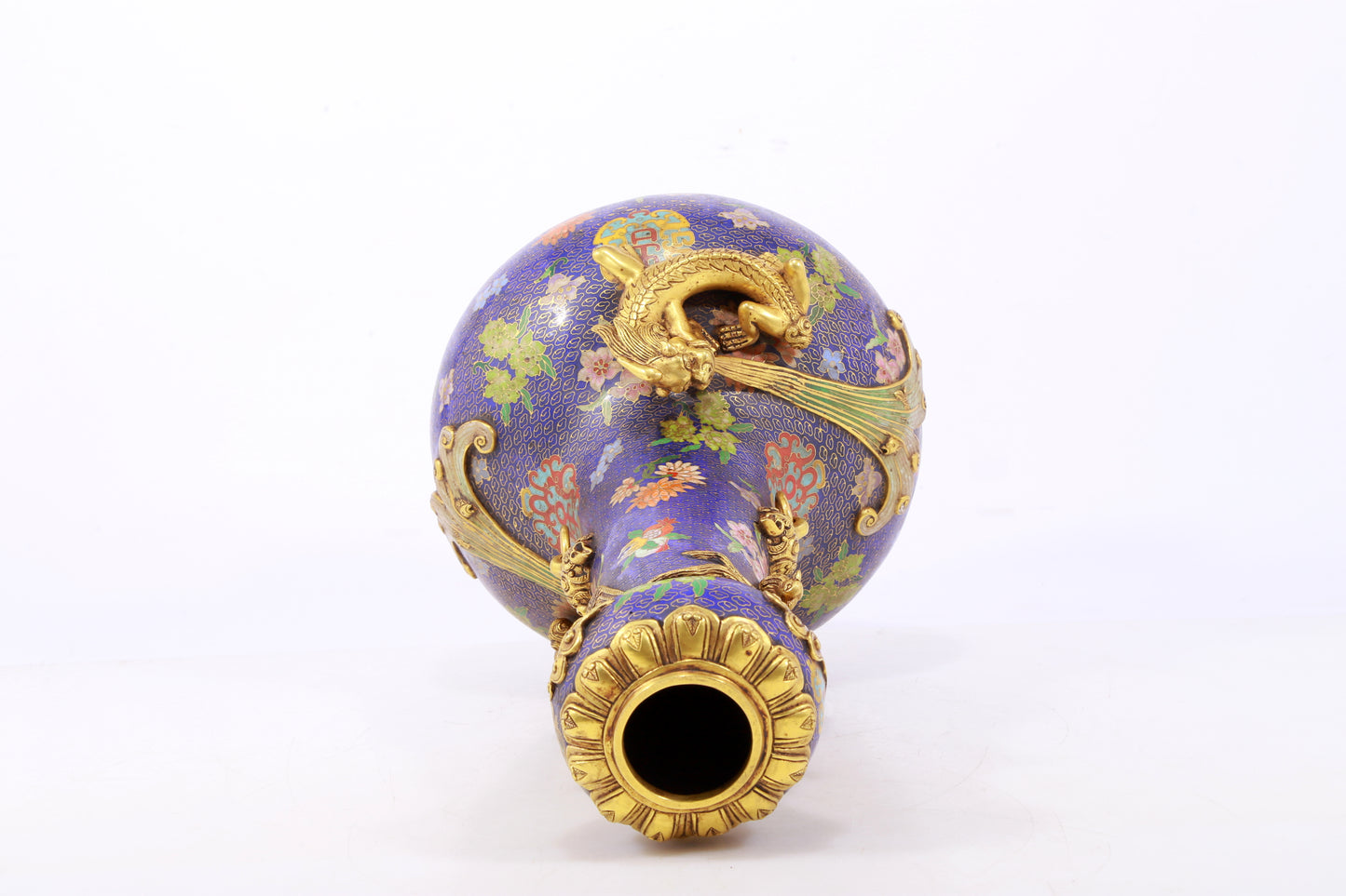 An exquisite cloisonné vase with 'flowers and auspicious animals' patterns