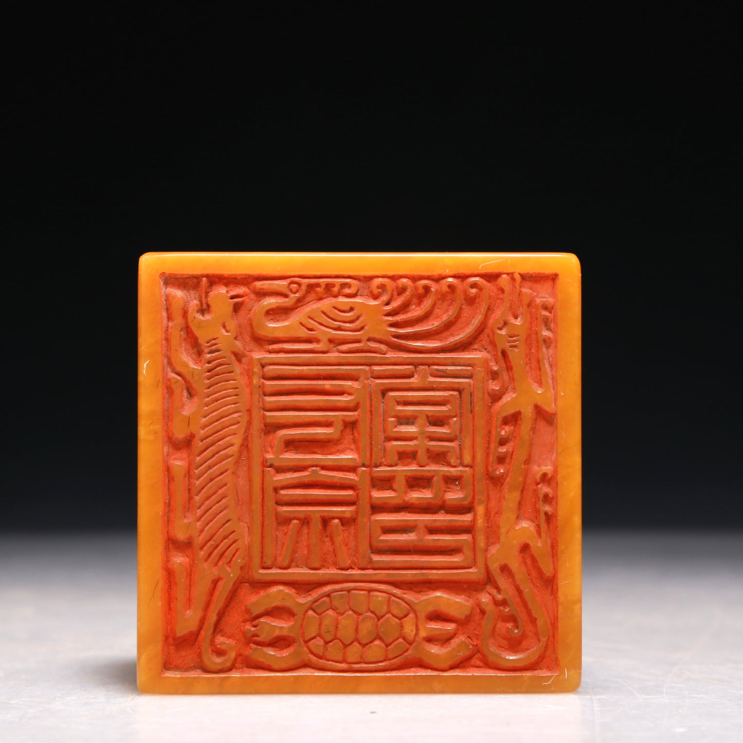 A Precious Tianhuang Stone 'Auspicious Beast' Seal With A Soapstone Painted 'Landscape' Stand With Poem Inscriptions