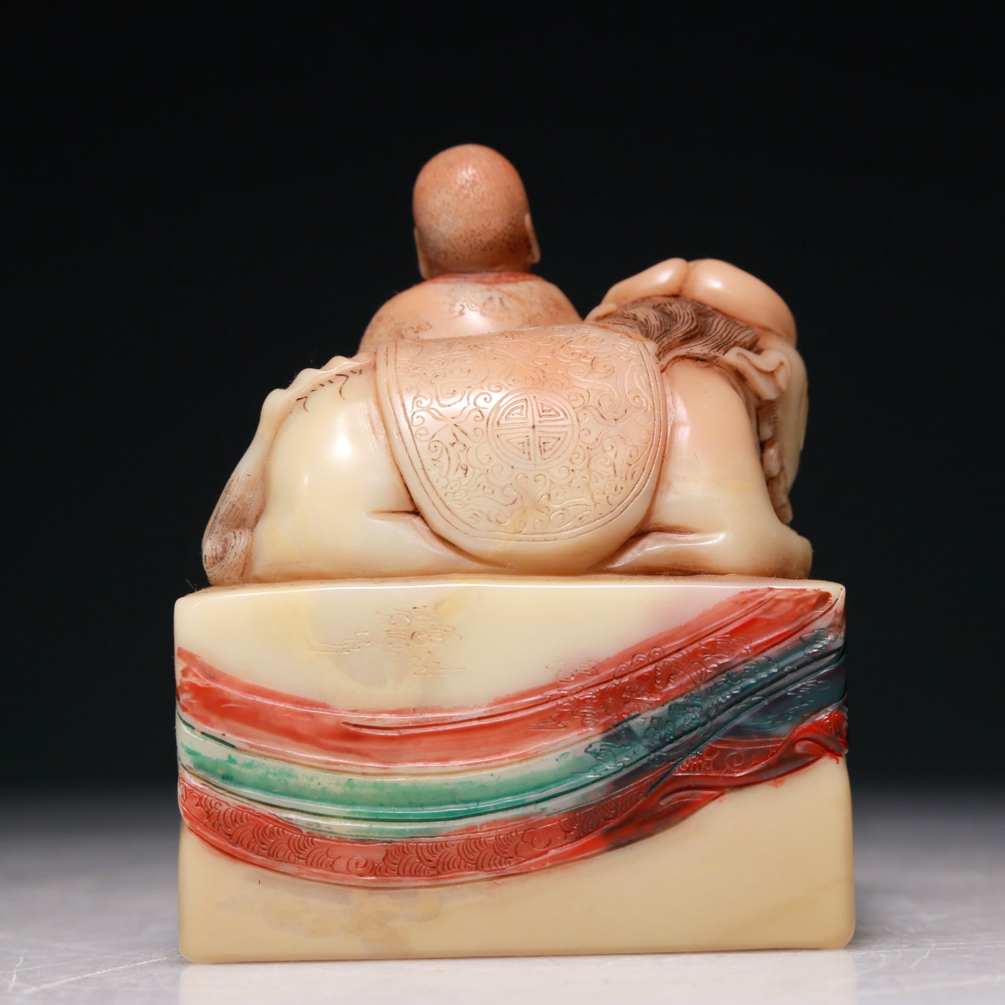 An Exquisite Soapstone Painted 'Arhat Seated On A Beast' Seal