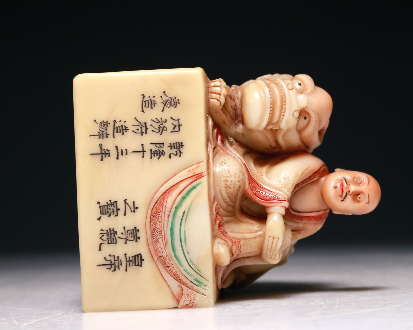 An Exquisite Soapstone Painted 'Arhat Seated On A Beast' Seal