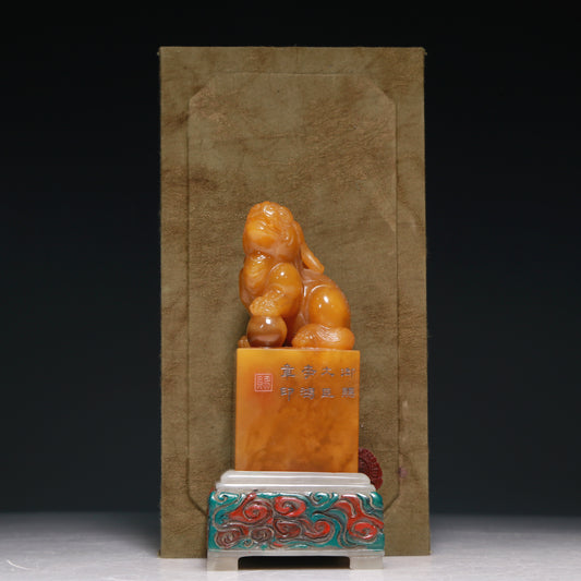 An Exquisite Tianhuang Stone 'Kylin' Seal With A Soapstone Painted 'Auspicious Cloud' Stand