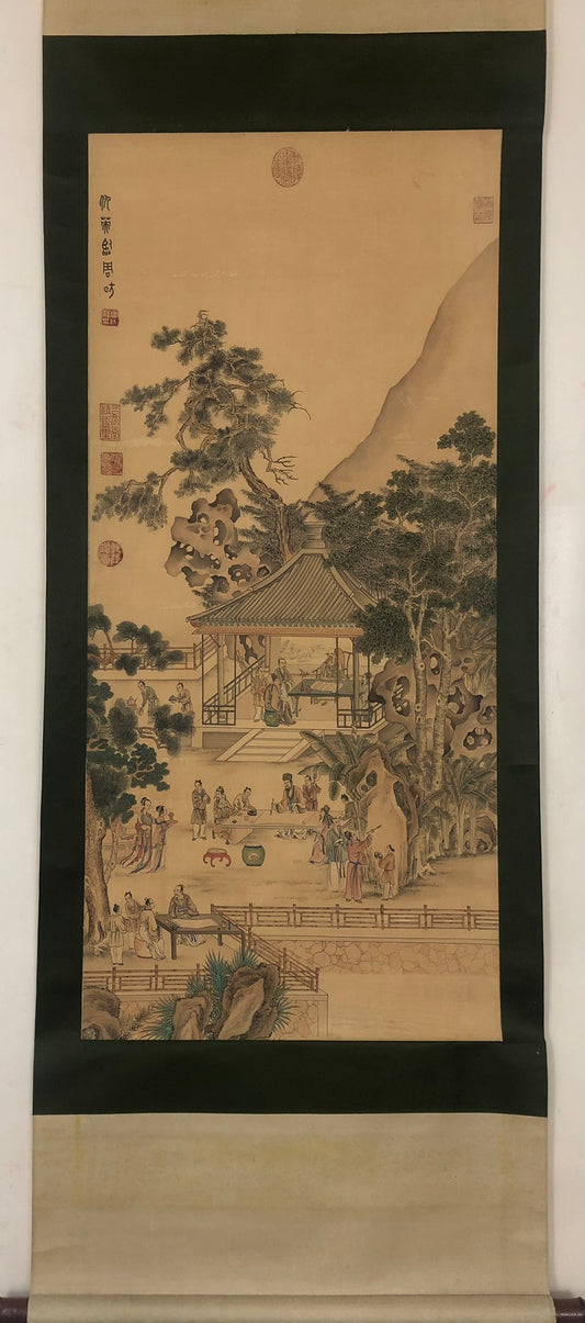 A Gorgeous Chinese Ink Painting Hanging Scroll By Zhou Fang