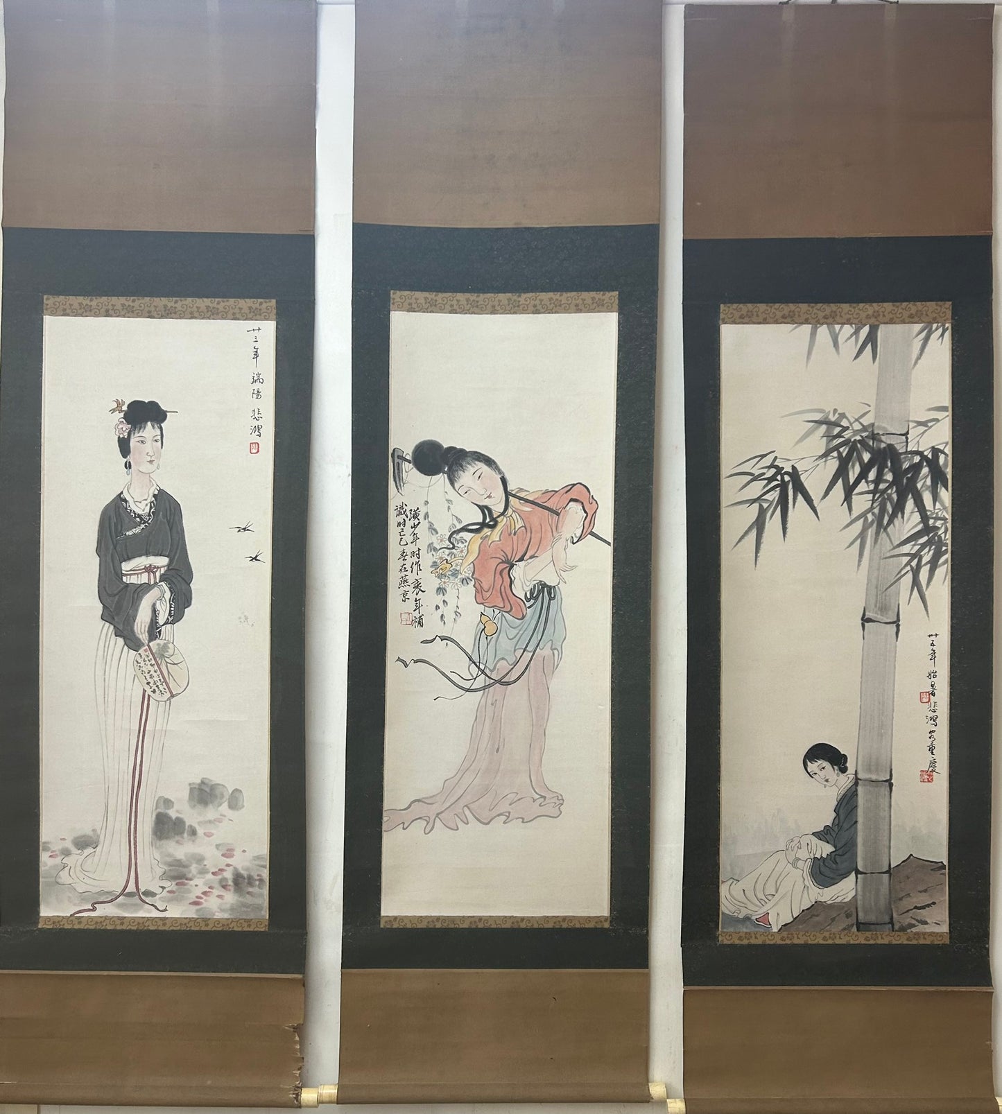 Three Gorgeous Chinese Ink Painting Hanging Scrolls By Xu Beihong