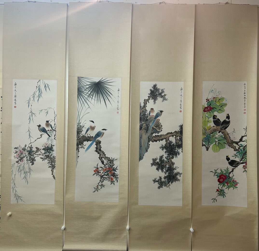 Four Gorgeous Chinese Ink Painting Hanging Scrolls By Yan Bolong