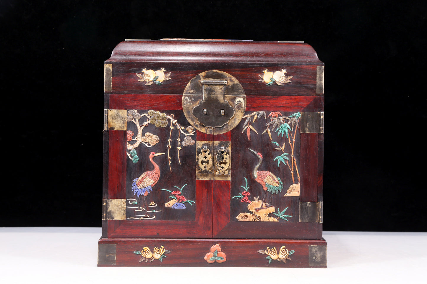 A perfect pair of huanghuali wood cabinets with inlaid gems and flower and bird patterns