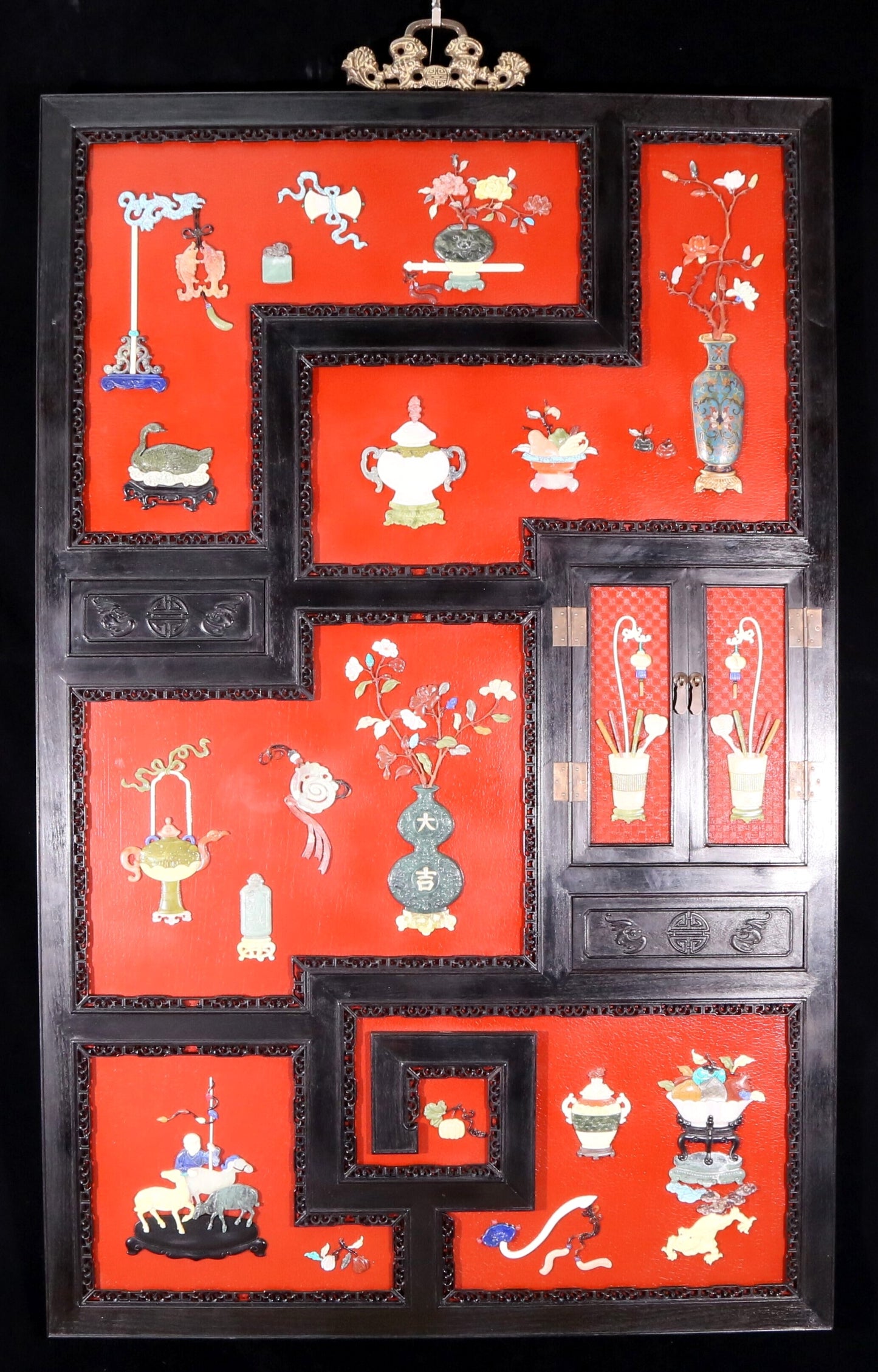 An exquisite zitanwood lacquered and gem-inlaid treasure map hanging screen