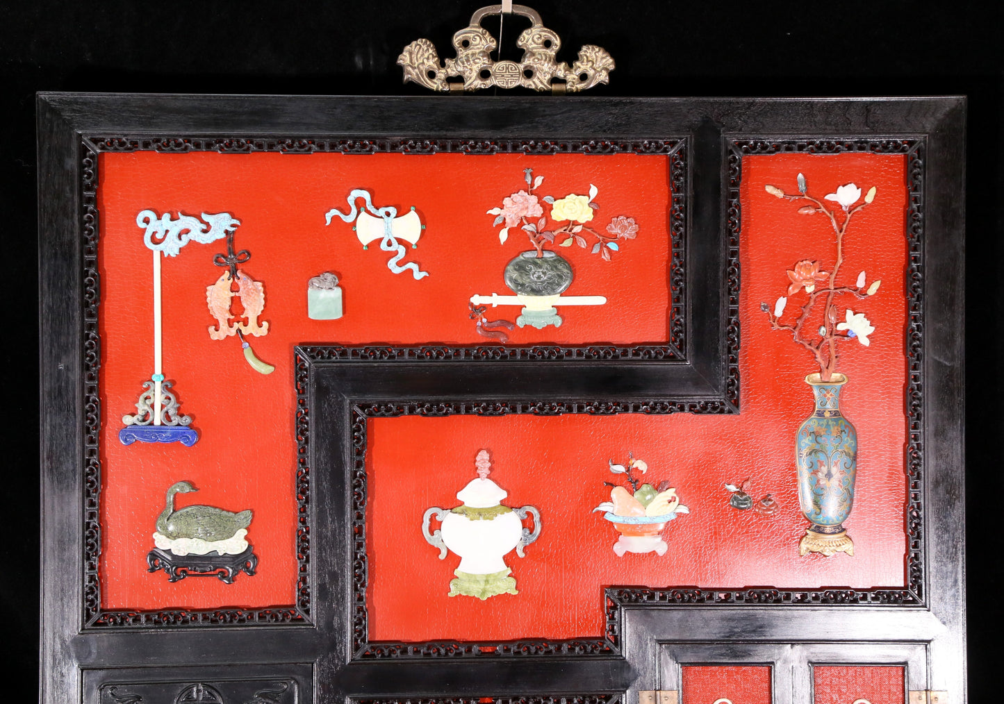 An exquisite zitanwood lacquered and gem-inlaid treasure map hanging screen