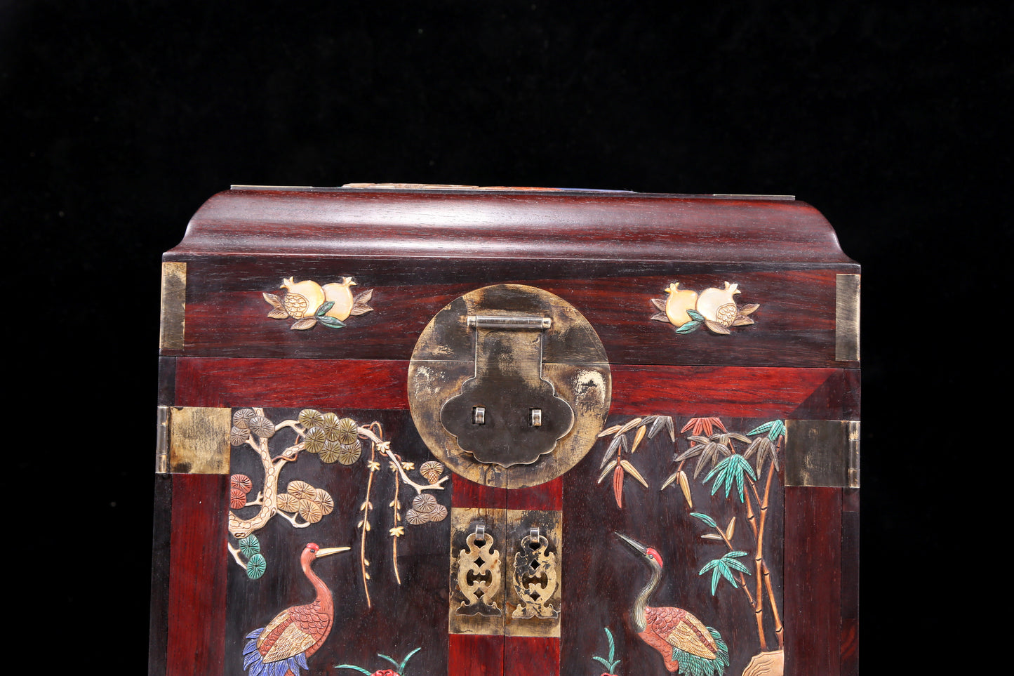 A perfect pair of huanghuali wood cabinets with inlaid gems and flower and bird patterns