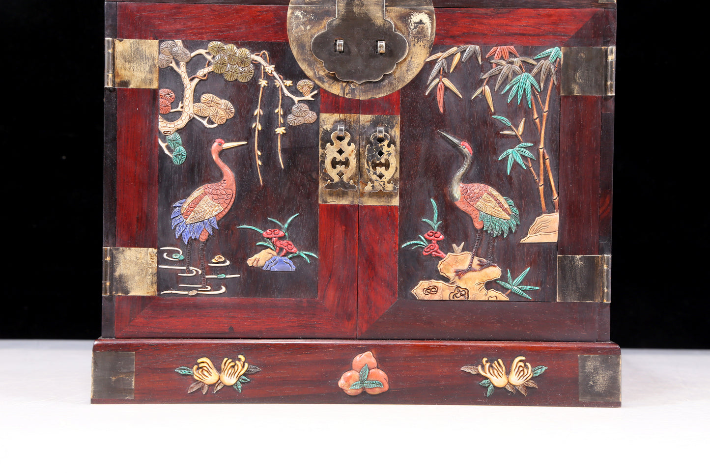 A perfect pair of huanghuali wood cabinets with inlaid gems and flower and bird patterns