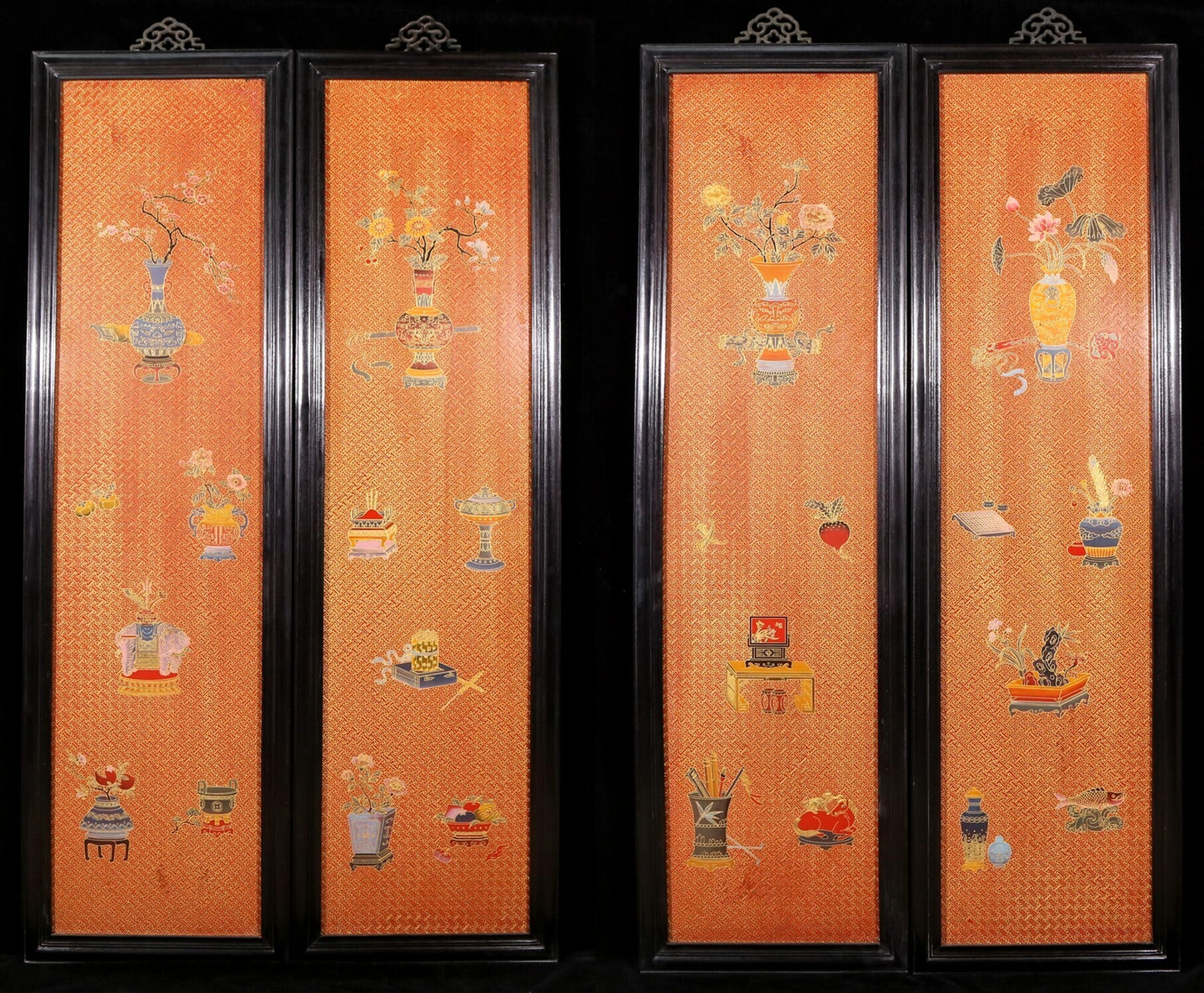 A set of exquisite zitanwood gold-filled lacquered treasure pictures with four hanging screens