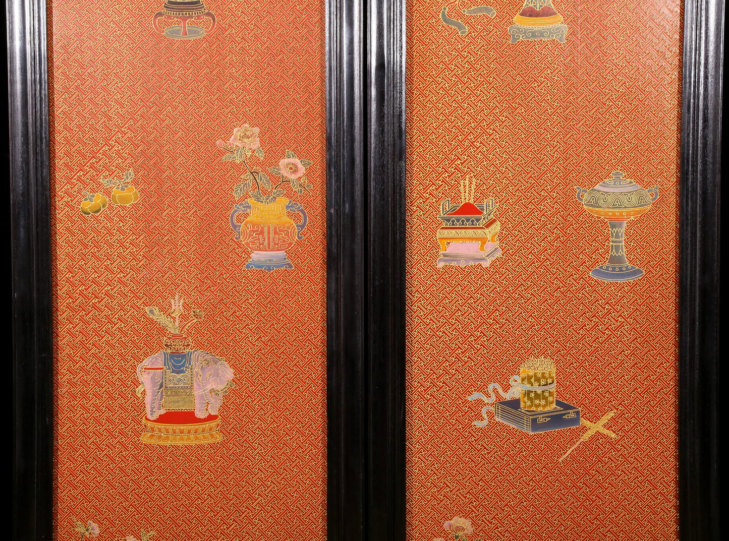 A set of exquisite zitanwood gold-filled lacquered treasure pictures with four hanging screens